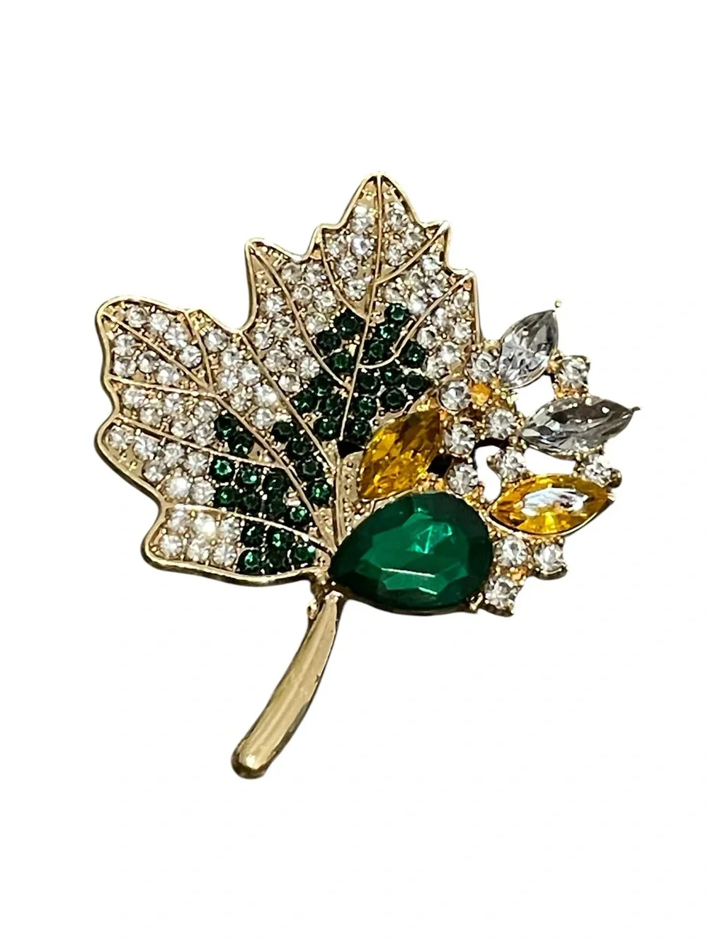 Crystal Maple Leaf Brooch with Green and Yellow Stones